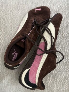 Puma Brown Suede Sneakers with Pink Accents